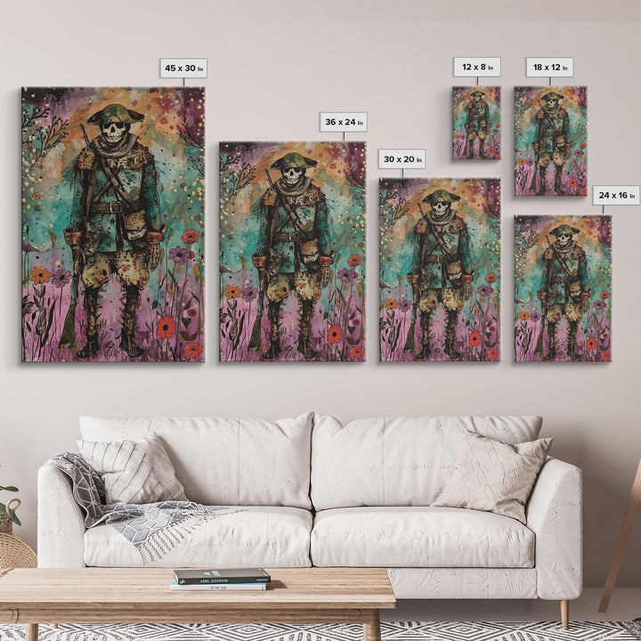 Skeleton Soldier Stands Amid Colorful Blooms, Blending Historical Charm and Spooky Halloween Style for Unique Wall Art