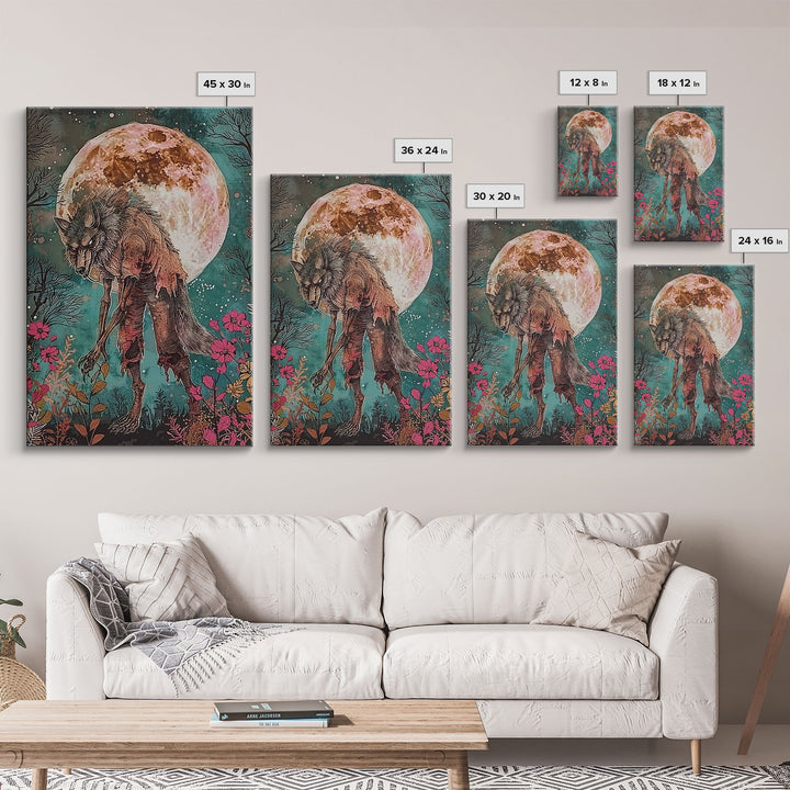 Werewolf Among Flowers and Full Moon Framed Canvas Print | Halloween Monster Art | Spooky Werewolf Decor for Home | Floral and Moon Artwork