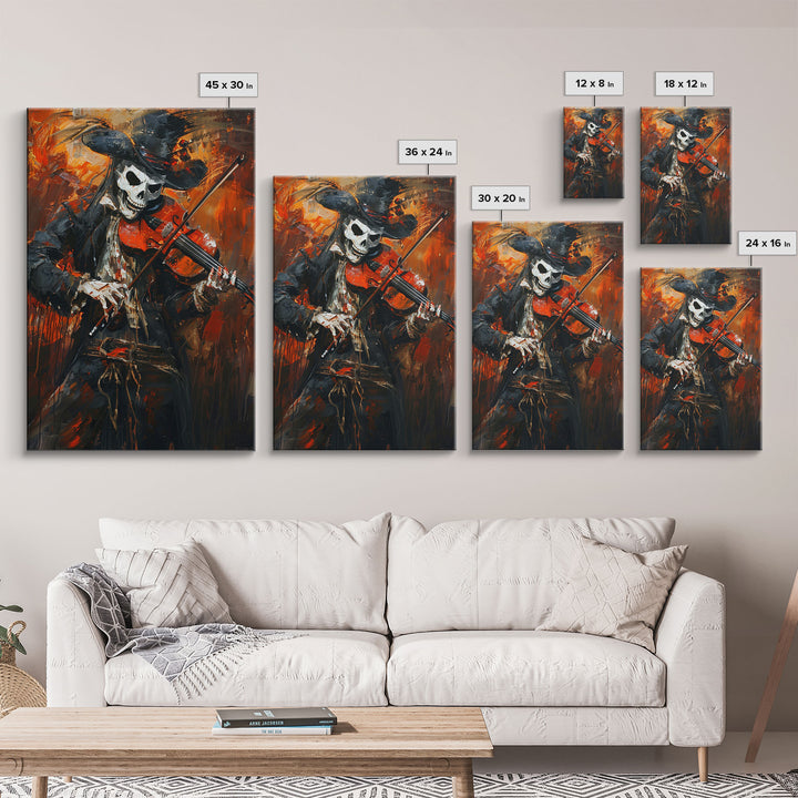 Skeleton Violinist Performing in Fiery Background | Halloween Wall Art | Spooky Home Decor Musician Skeleton Painting | Framed Canvas Print