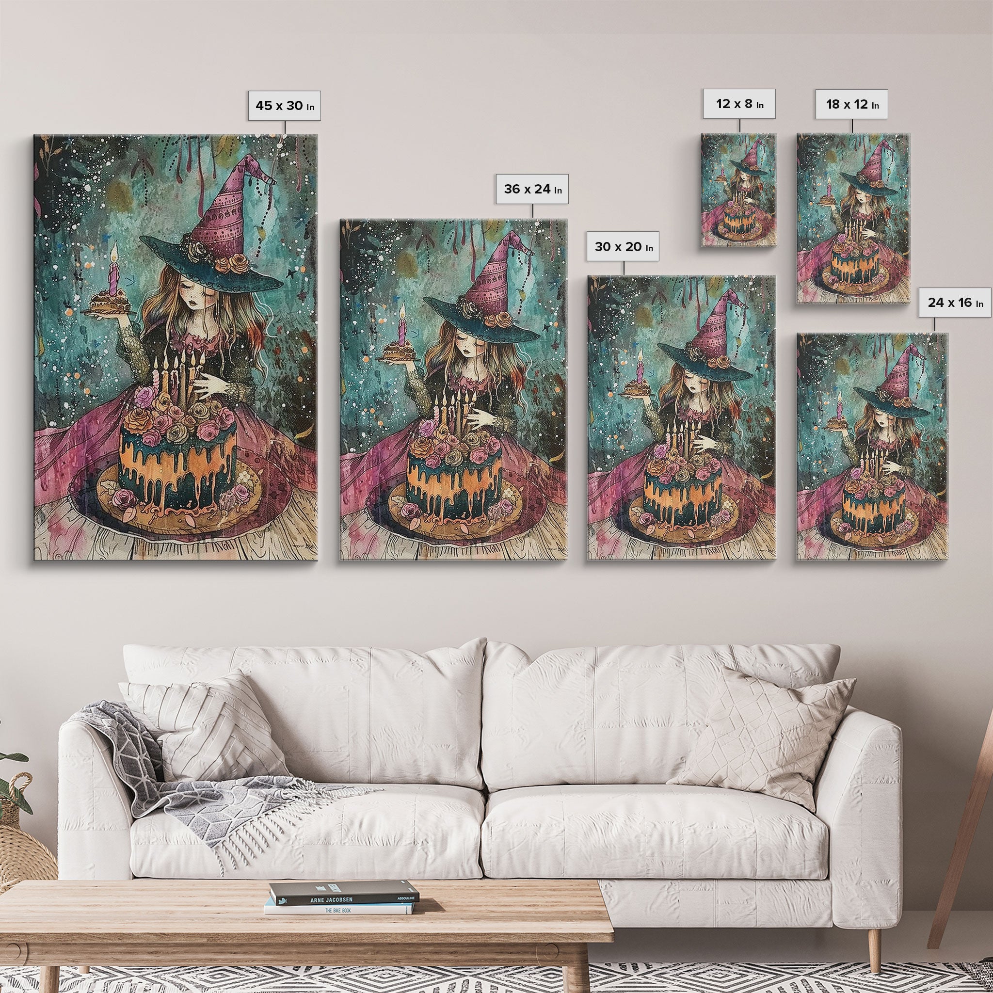 Witchy Birthday Party For One, Framed Canvas Print, Melancholy Witch Halloween Art