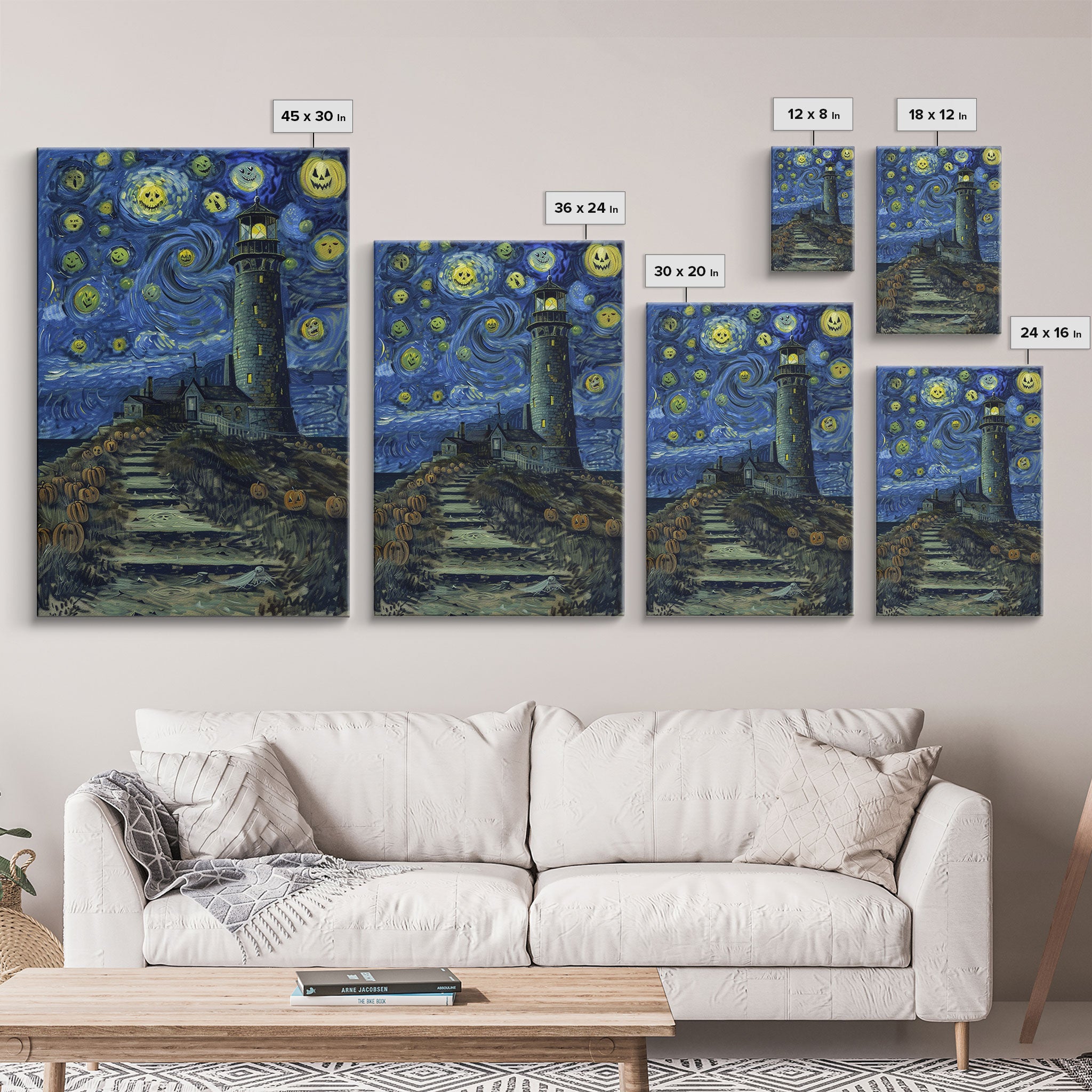 Starry Night Inspired Haunted Light House Framed Canvas Print, Van Gogh Inspired, Spooky Season Halloween Art