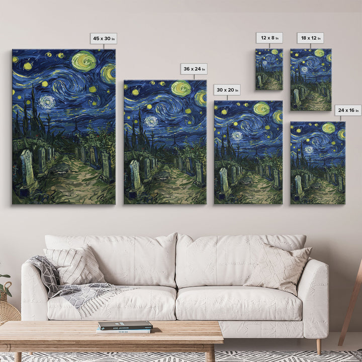 Starry Night Cemetery Framed Canvas Print, Halloween Wall Art, Gothic Art, Spooky Graveyard Decor, Van Gogh Style, Halloween Wall Decor