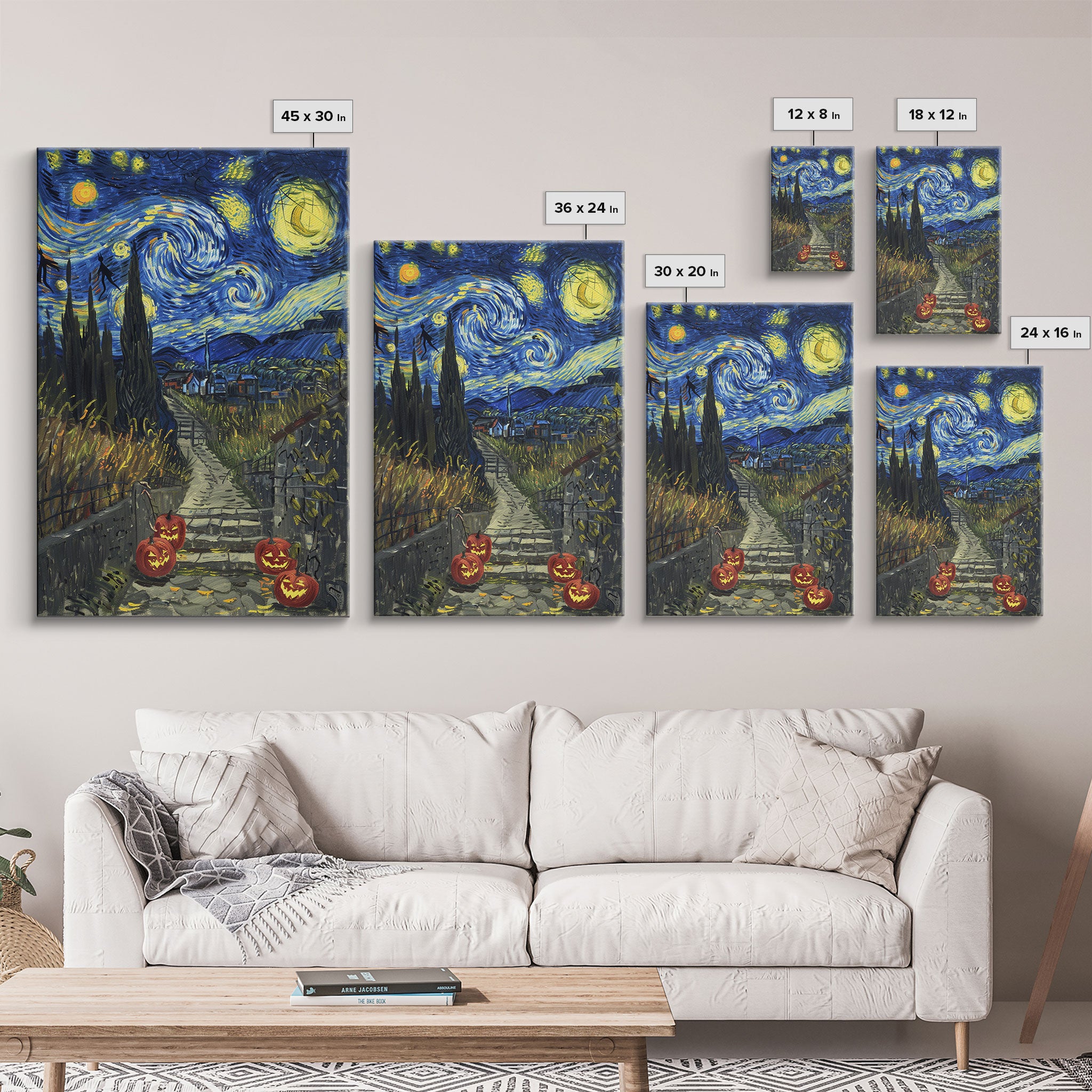 Spooky Starry Night Inspired Haunted Grave Yard Framed Canvas Print, Spooky Season Halloween Art