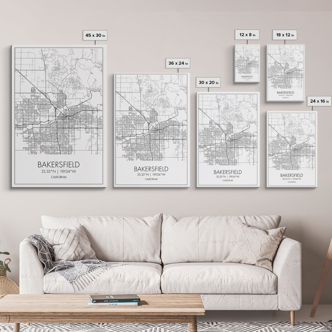 Bakersfield Street Map, California Map, City Wall Art, Home Wall Décor, Wife Gift, Minimalist Art, Wall Art, Canvas Print, Canvas Wall Art