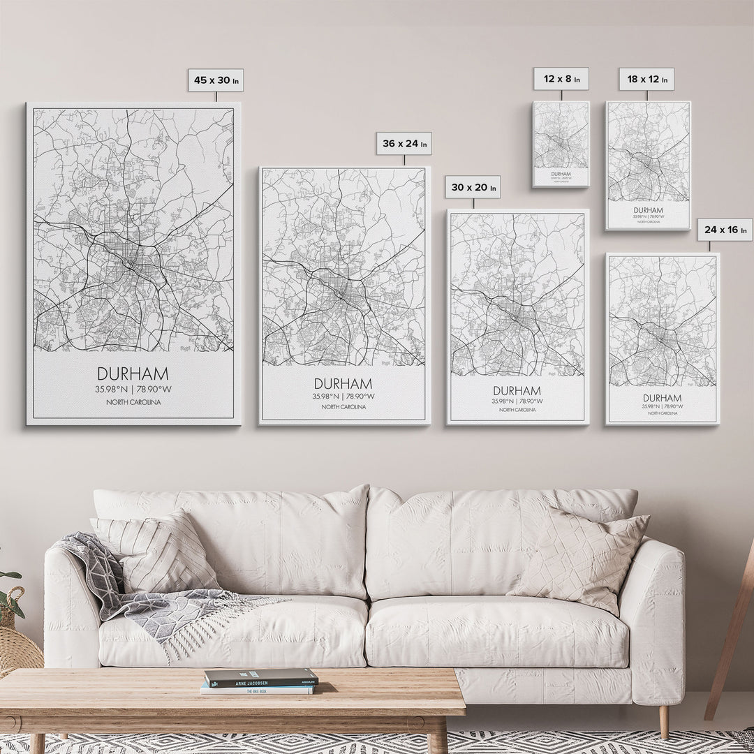 Durham Street Map, North Carolina Map, City Map Art, Minimalist Art, Wall Art, Canvas Print, Traveler Gift, Travel Wall Décor