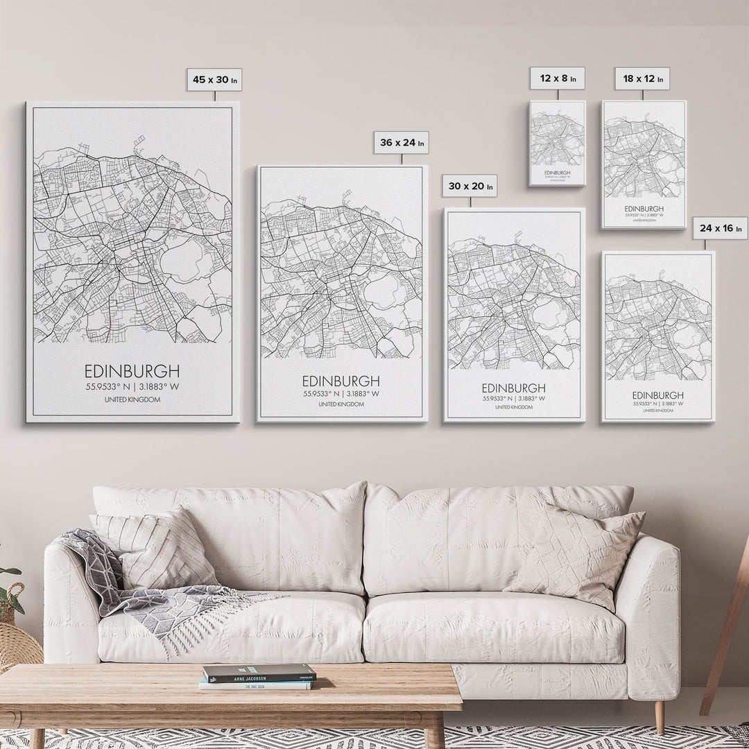 Edinburgh Street Map, United Kingdom Map, Europe City Map Art, Minimalist Art, Wall Art, Canvas Print, Travel Décor, Living Room Wall Art,