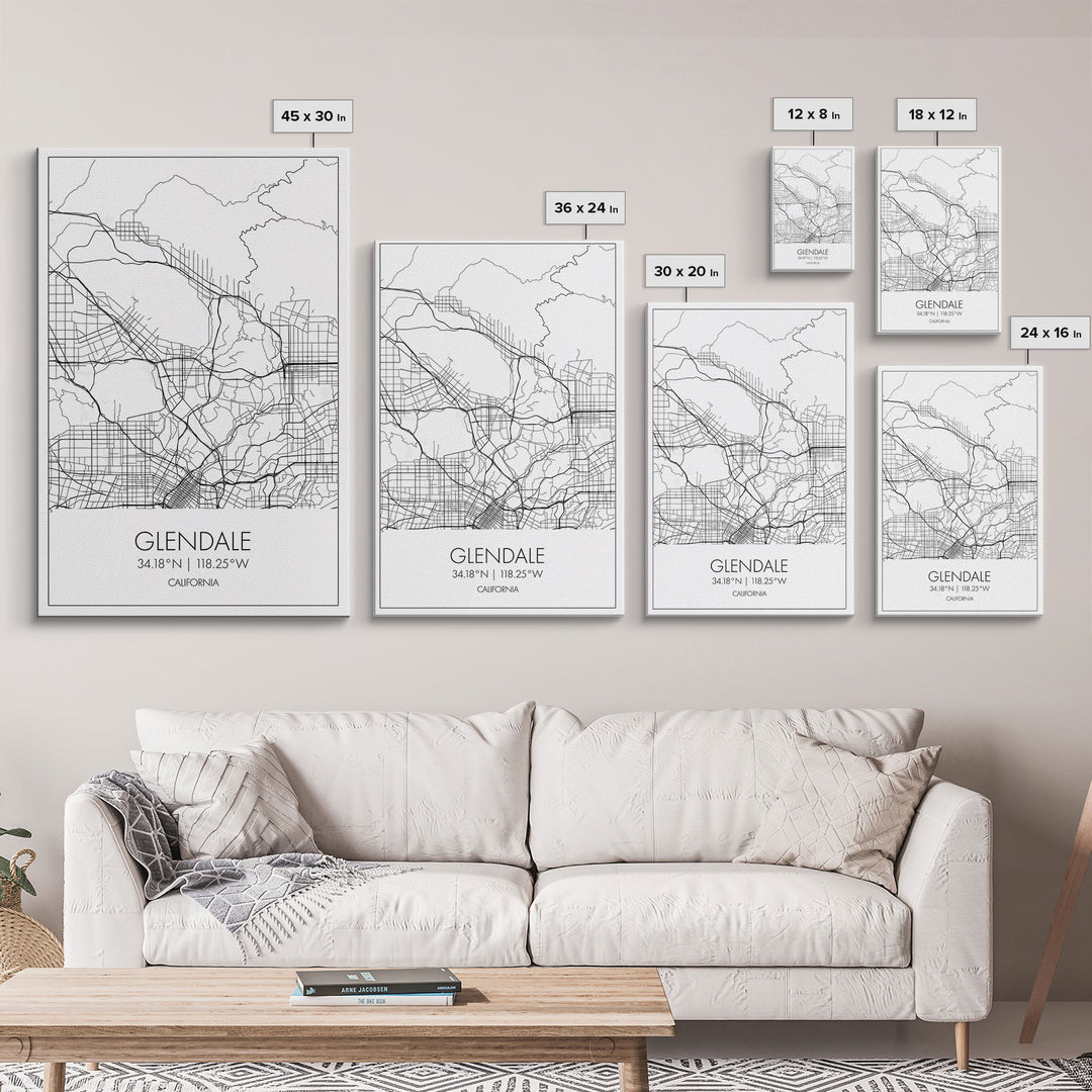 Glendale Street Map, California Map, City Map Art, Minimalist Art, Wall Art, Canvas Print, Black And White Map, Gifts For Him, Travel Art