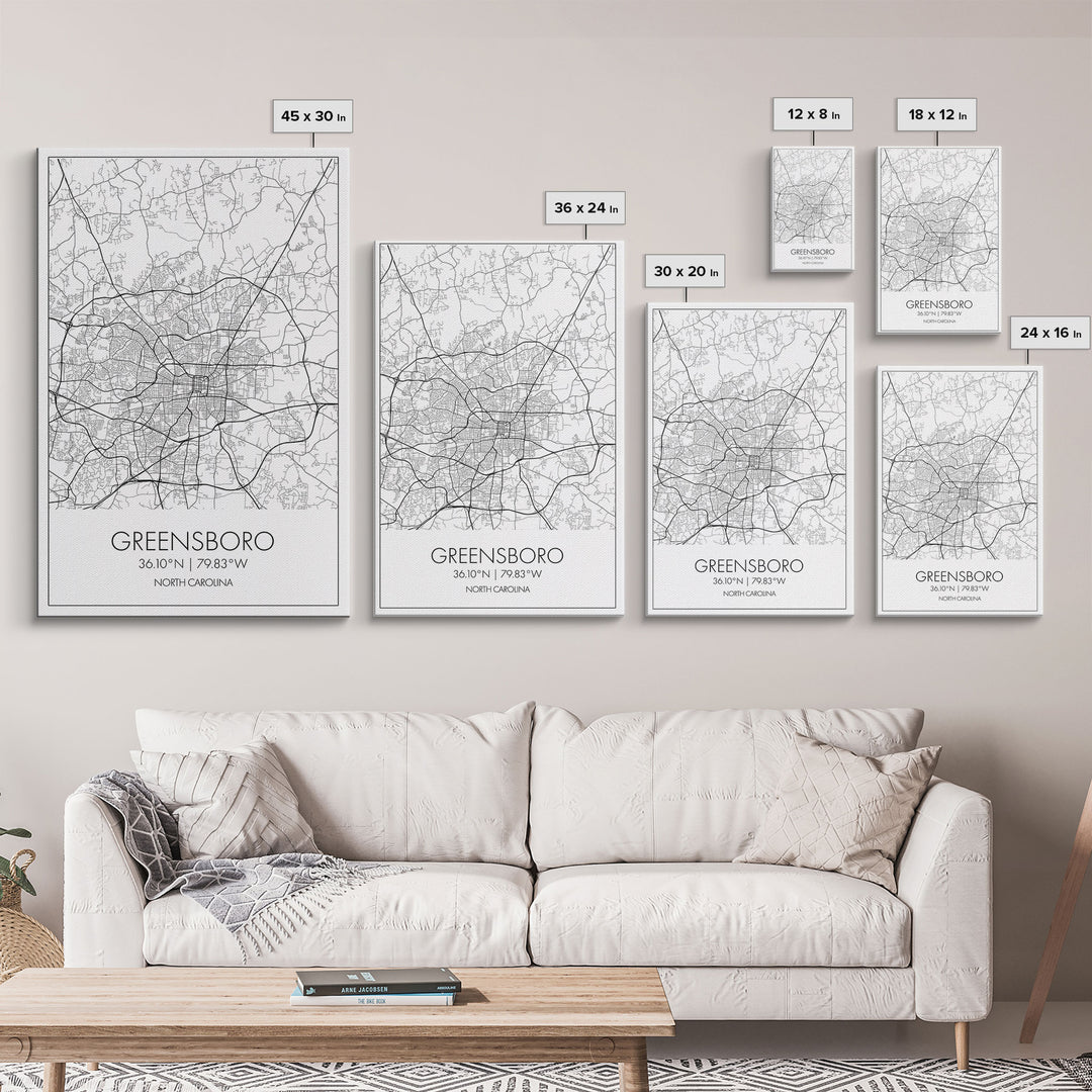 Greensboro Street Map, North Carolina Map, City Map Art, Minimalist Art, Wall Art, Canvas Print, Black And White, Unique Art, Traveler Gift