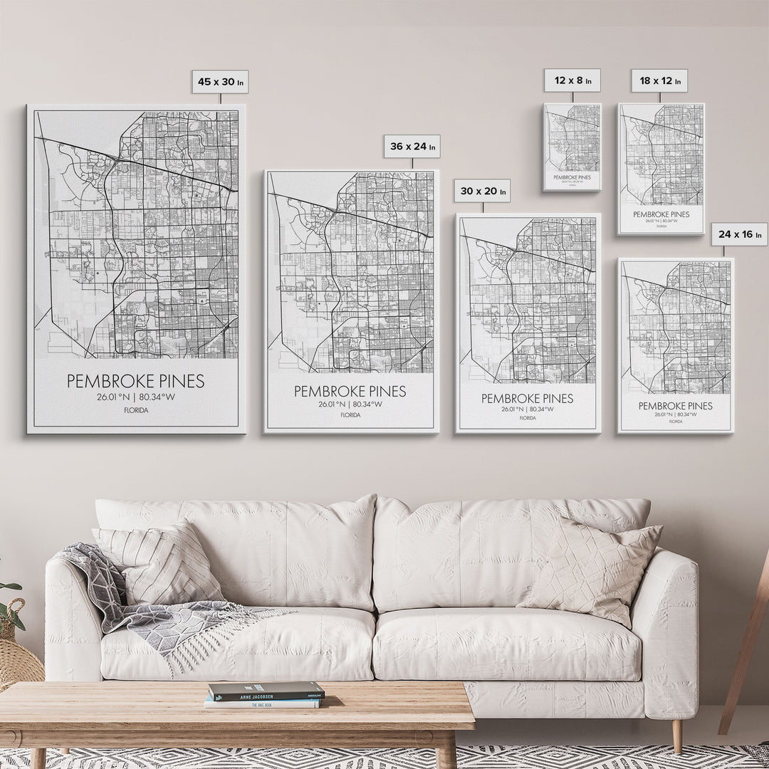 Pembroke Pines Street Map, Florida Map, City Map Art, Minimalist Art, Wall Art, Canvas Print, Home Décor Wall Art, Wedding Gift, Travel Art