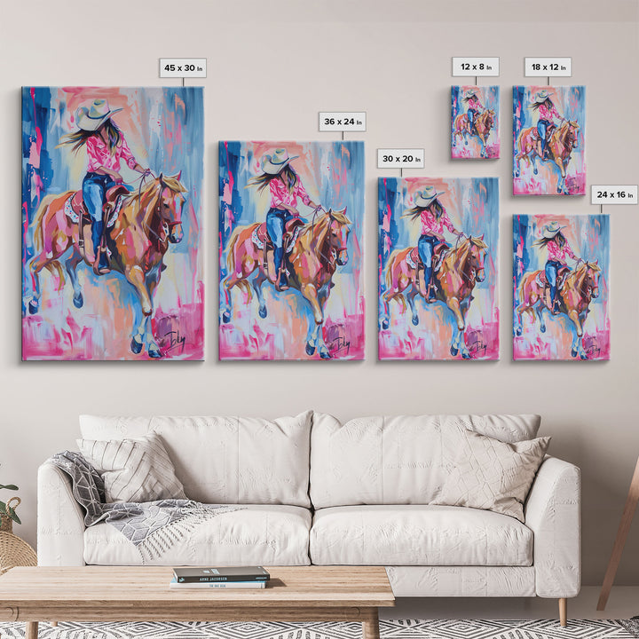 Stylish Cowgirl Riding Horse - Colorful Western Art, Framed Canvas Print, Living Room Decor, Cowgirl Painting, Vibrant Wall Art