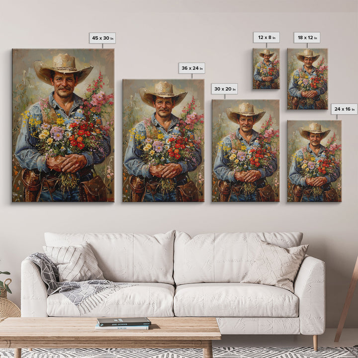 Smiling Cowboy with Flowers - Framed Canvas Print, Country Living Room Art, Rustic Bedroom Decor, Cowboy Art, Wall Art