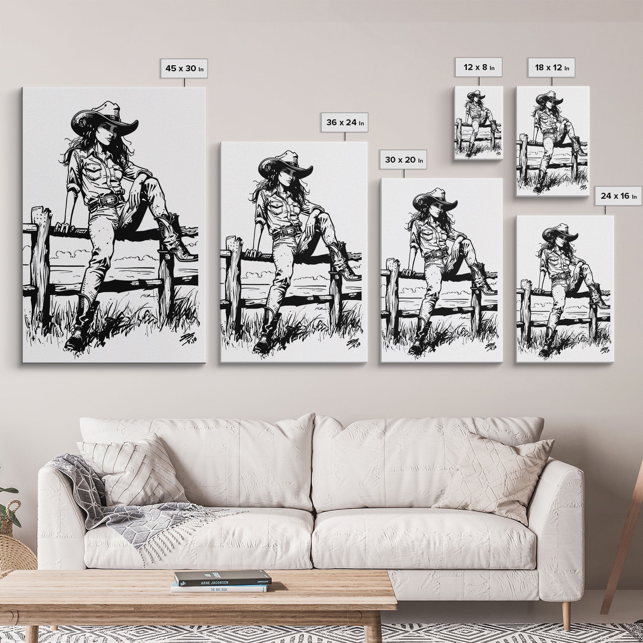 Western Cowgirl on Fence Art Print, Retro Silhouette Framed Canvas, Vintage Western Art, Unique Home Decor