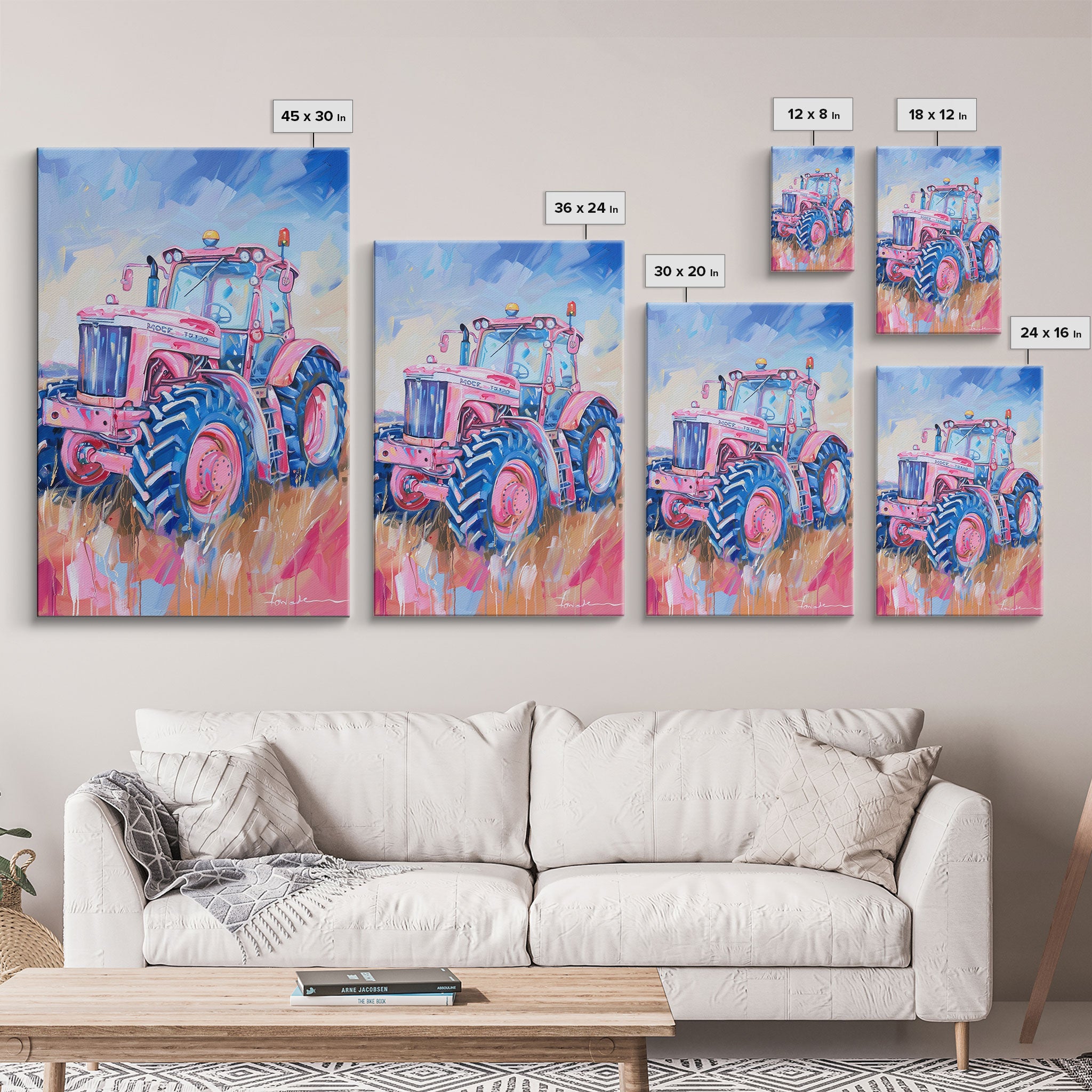 Vibrant Pink Tractor in Field with Blue Sky - Framed Canvas Print, Farmhouse Wall Art, Rustic Tractor Art for Living Room Decor