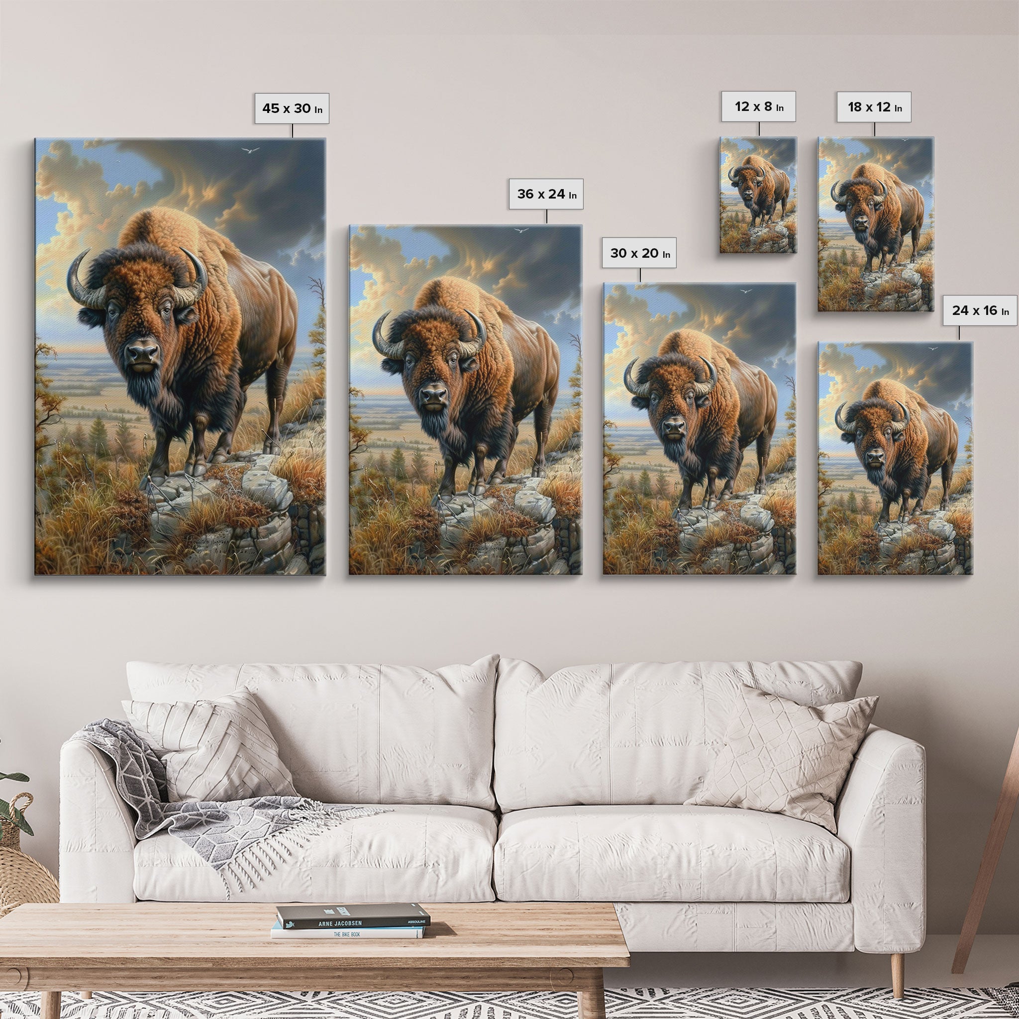 Powerful Bison in Prairie Landscape - Framed Canvas Print, Western Wildlife Wall Art, Bison Decor for Living Room and Bedroom