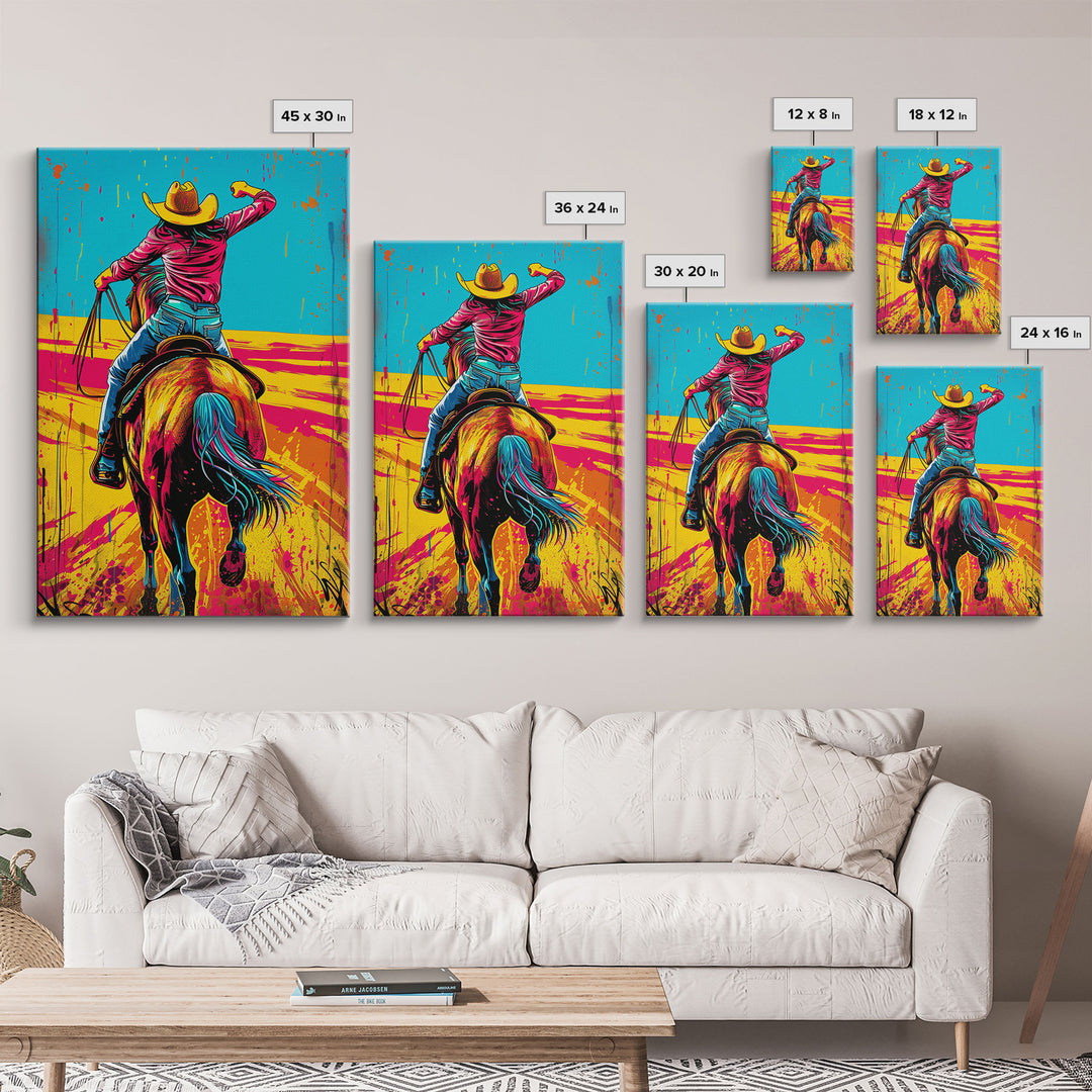 Vibrant Pop Art Cowboy on Horseback in Dynamic Colors - Framed Canvas Print, Western Decor, Cowboy Art for Living Room, Home Wall Art