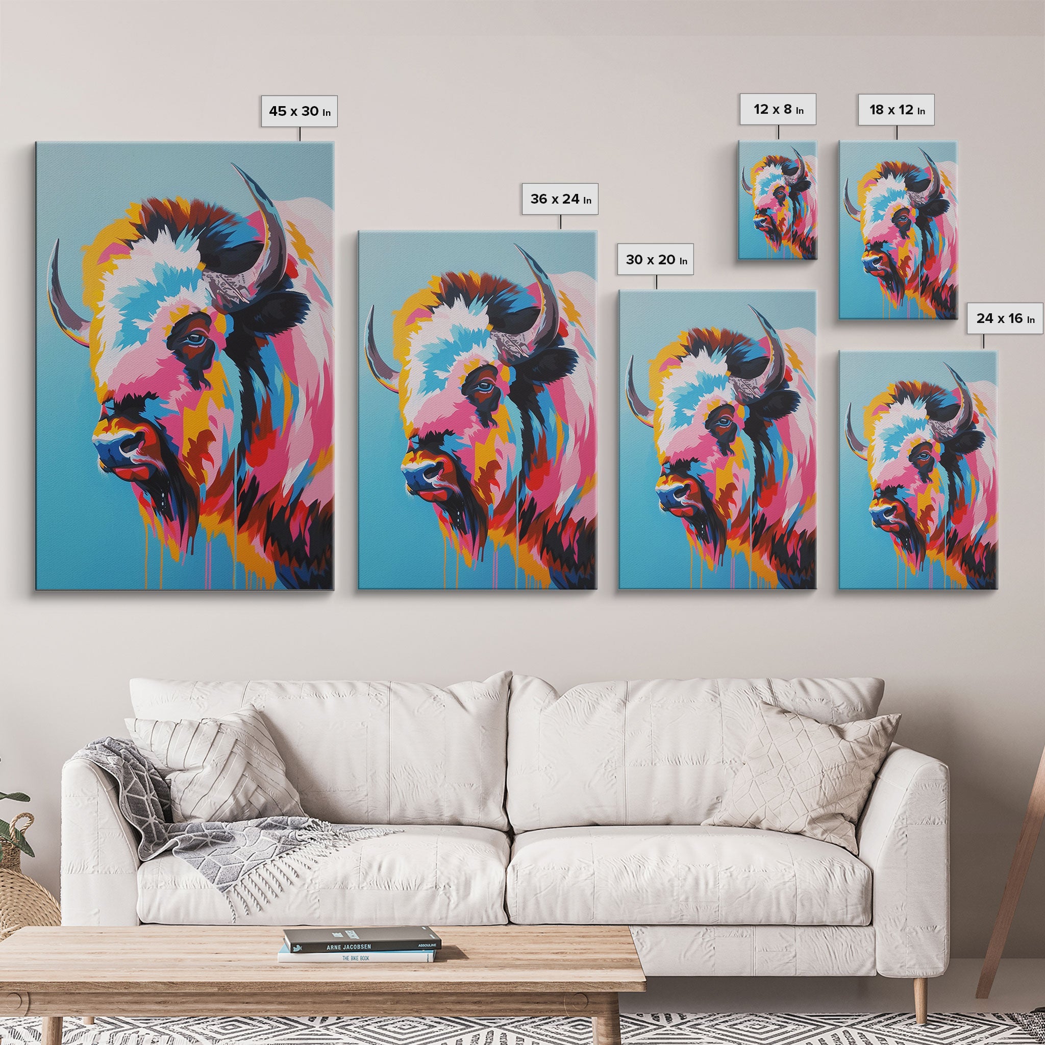 Vibrant Bison Portrait in Colorful Pop Art Style - Framed Canvas Print, Animal Decor, Bison Art for Living Room, Bright Wall Art for Home