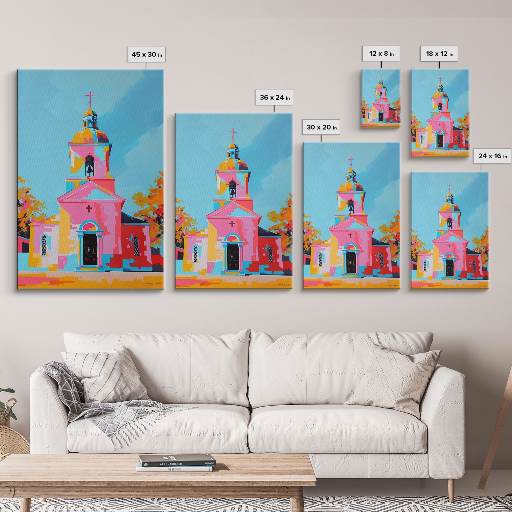 Abstract Church Painting with Bold Colors - Framed Canvas Print, Modern Religious Wall Art, Vibrant Church Decor for Home and Living Room