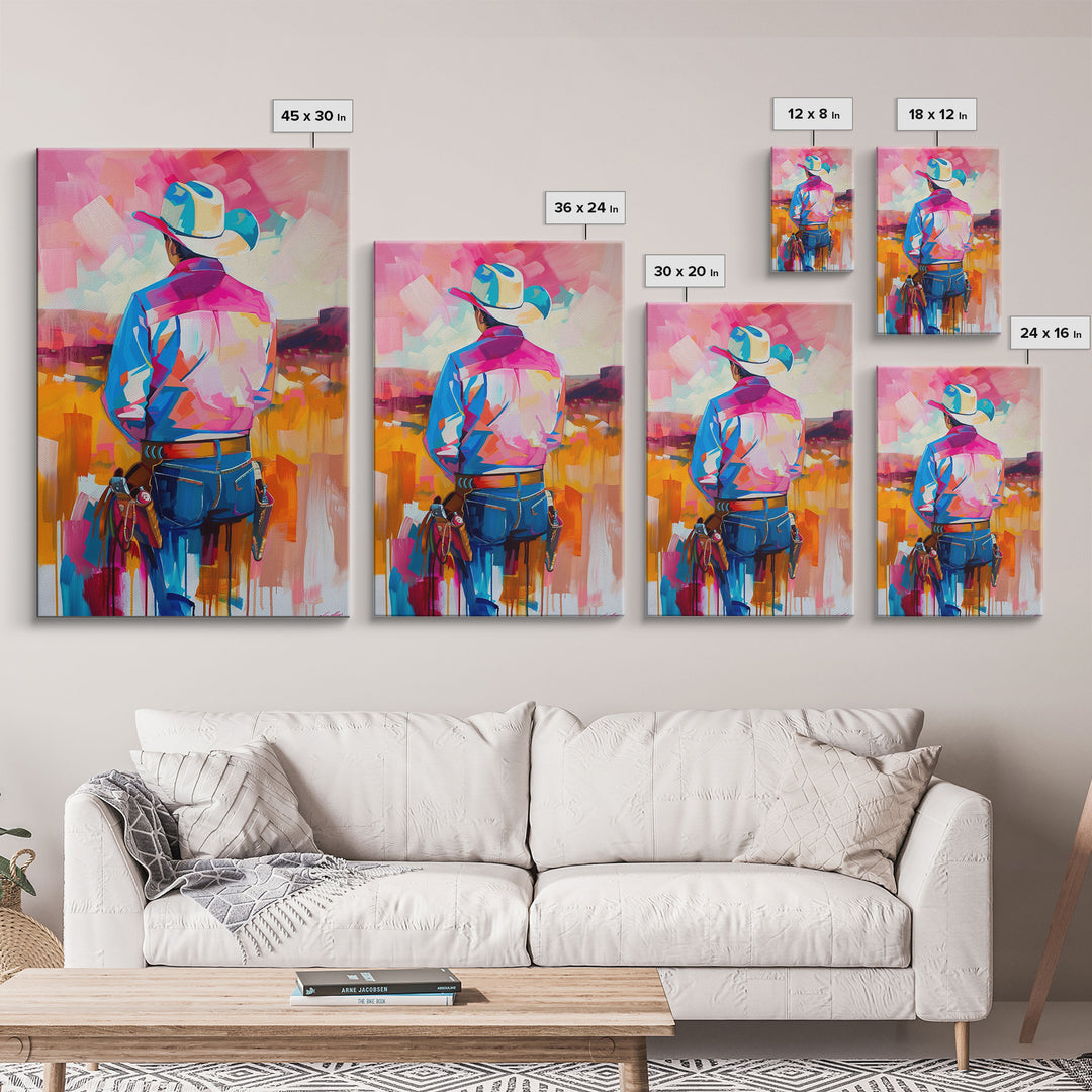 Abstract Cowboy Art in Pastel Hues - Framed Canvas Print, Contemporary Western Decor, Colorful Cowboy Wall Art for Living Room or Bedroom