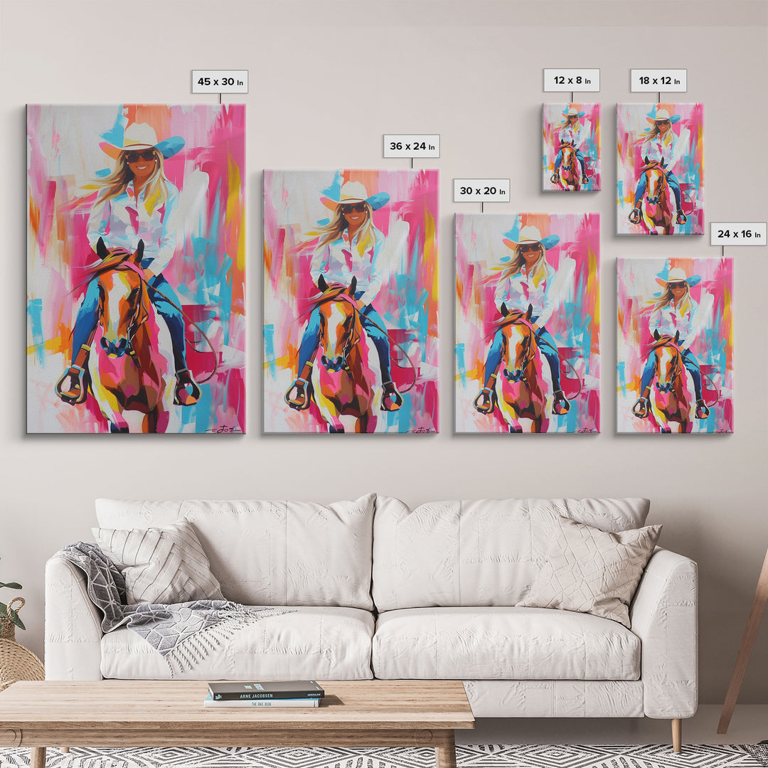 Smiling Cowgirl Riding Horse Art - Framed Canvas Print, Cheerful Living Room Decor, Colorful Western Wall Art, Horse Rider Artwork