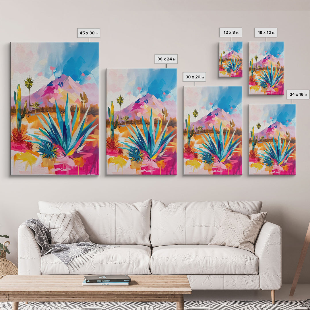 Vibrant Desert Landscape Art - Framed Canvas Print, Southwestern Decor, Modern Living Room Wall Art, Colorful Cactus and Mountains