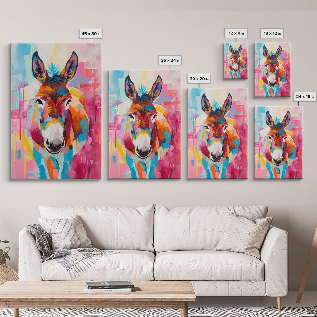 Vibrant Donkey Close-up Art - Framed Canvas Print, Southwestern Decor, Colorful Living Room Wall Art, Modern Animal Portrait