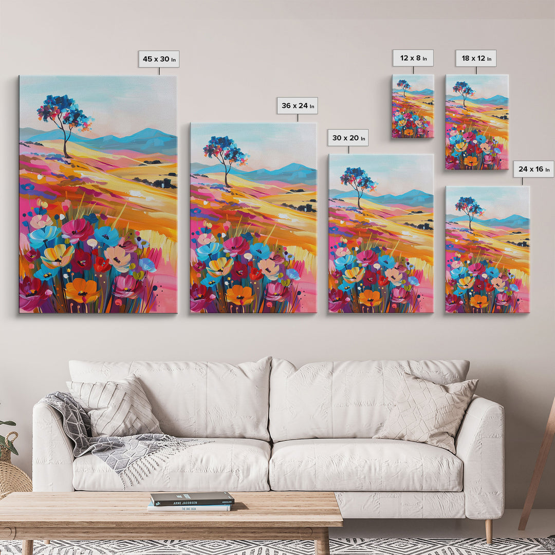 Vibrant Hills and Flowers Framed Canvas Print - Colorful Landscape Wall Art, Bright Living Room Decor, Whimsical Bedroom Art