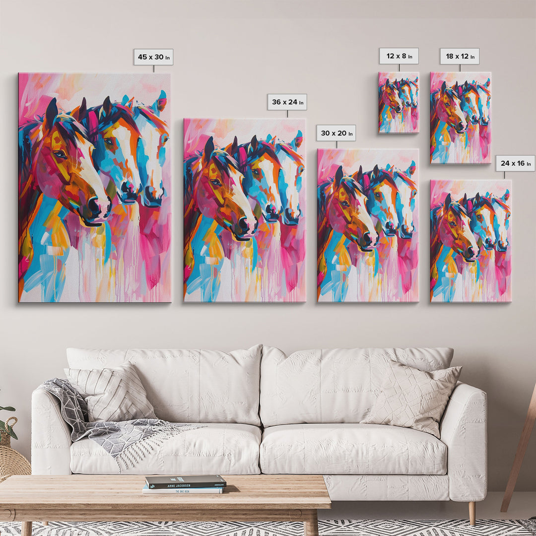 Three Horses in Vibrant Colors Framed Canvas Print - Bold Horse Wall Art, Eye-catching Living Room Decor Bright Bedroom Art Horse Lover Gift