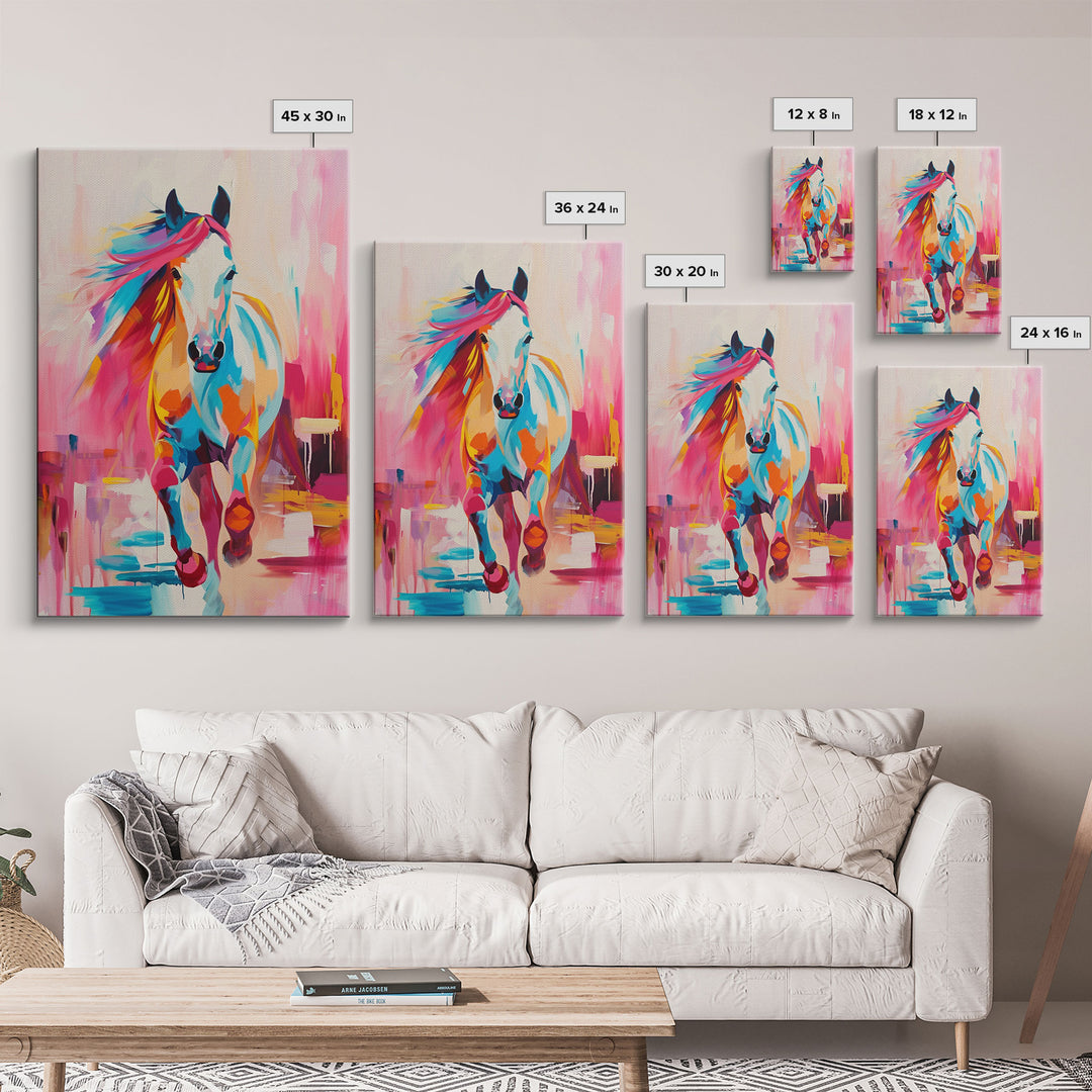 Vibrant Horse in Motion Framed Canvas Print - Dynamic Horse Wall Art, Colorful Living Room Decor, Energetic Bedroom Art, Equestrian Home Art