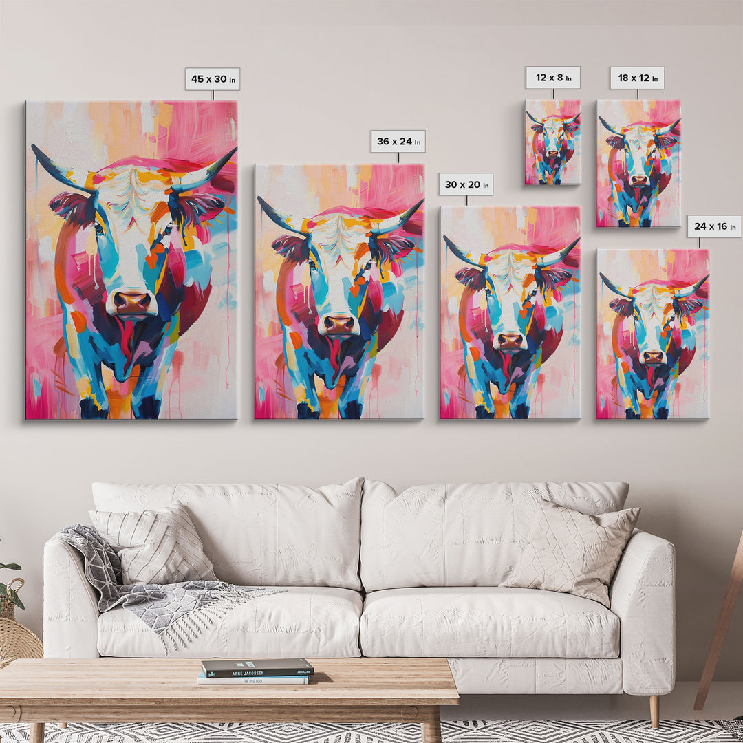 Vibrant Cow Head in Bold Colors - Framed Canvas Print, Modern Wall Art, Living Room Decor Colorful Animal Artwork, Cow Portrait, Bedroom Art