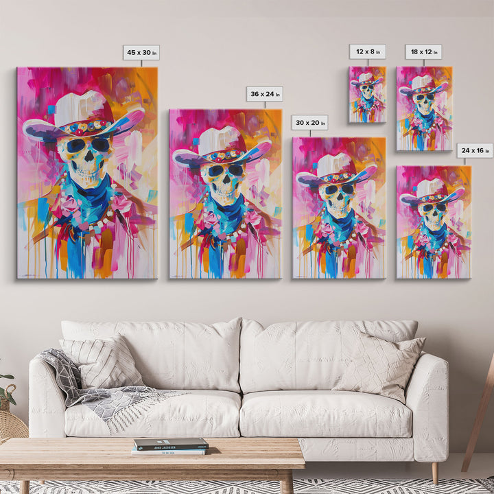 Vibrant Skeleton Cowboy Art - Framed Canvas Print, Colorful Western Decor, Skull Art, Living Room Wall Art, Unique Home Decor