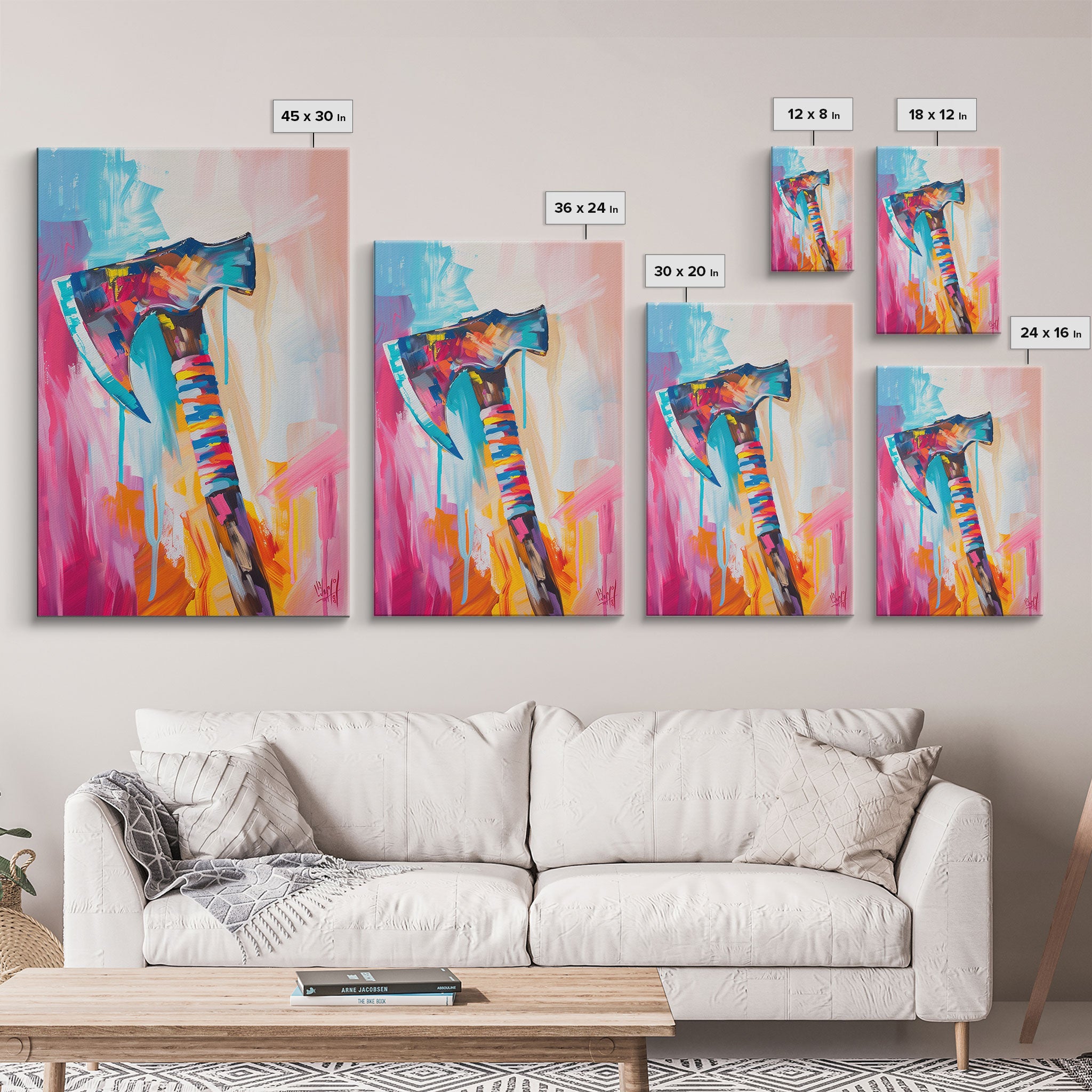 Abstract Colorful Axe Painting - Framed Canvas Print, Unique Living Room Decor, Bold Wall Art, Vibrant Home Decor