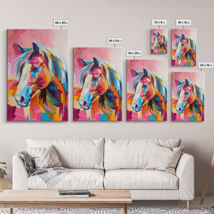 Vibrant Horse Head Painting - Framed Canvas Print, Colorful Living Room Decor, Bold Wall Art, Unique Home Decor