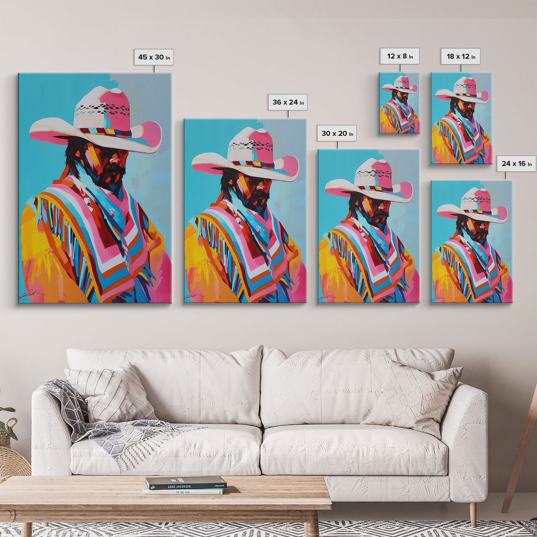 Vibrant Cowboy Portrait - Framed Canvas Print, Colorful Living Room Decor, Bold Wall Art, Unique Home Decor