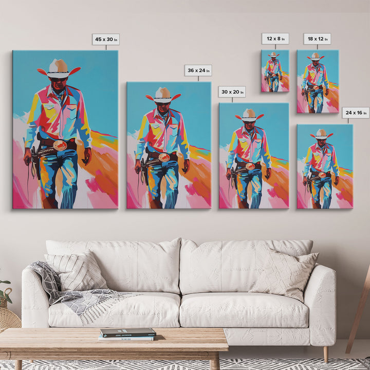 Vibrant Cowboy in Desert Silhouette - Framed Canvas Print, Colorful Western Art, Modern Cowboy Wall Art for Living Room Decor