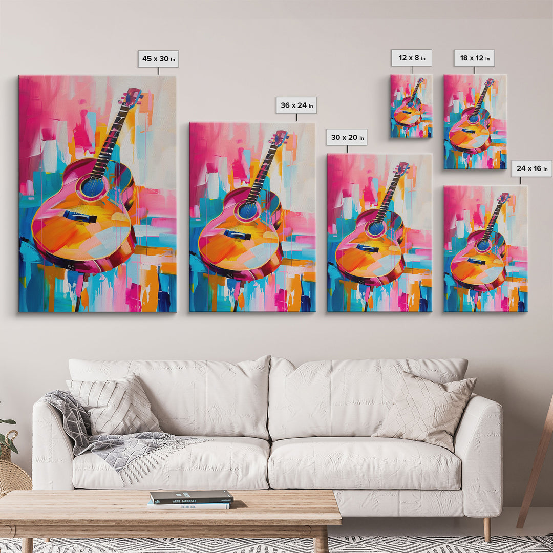 Vibrant Acoustic Guitar Painting - Framed Canvas Print, Colorful Western Art, Musical Wall Art for Living Room Decor