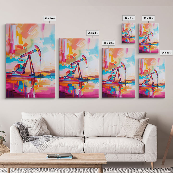 Vibrant Abstract Oil Rig Art - Framed Canvas Print, Modern Industrial Decor, Colorful Oil Pump Wall Art, Unique Living Room Artwork