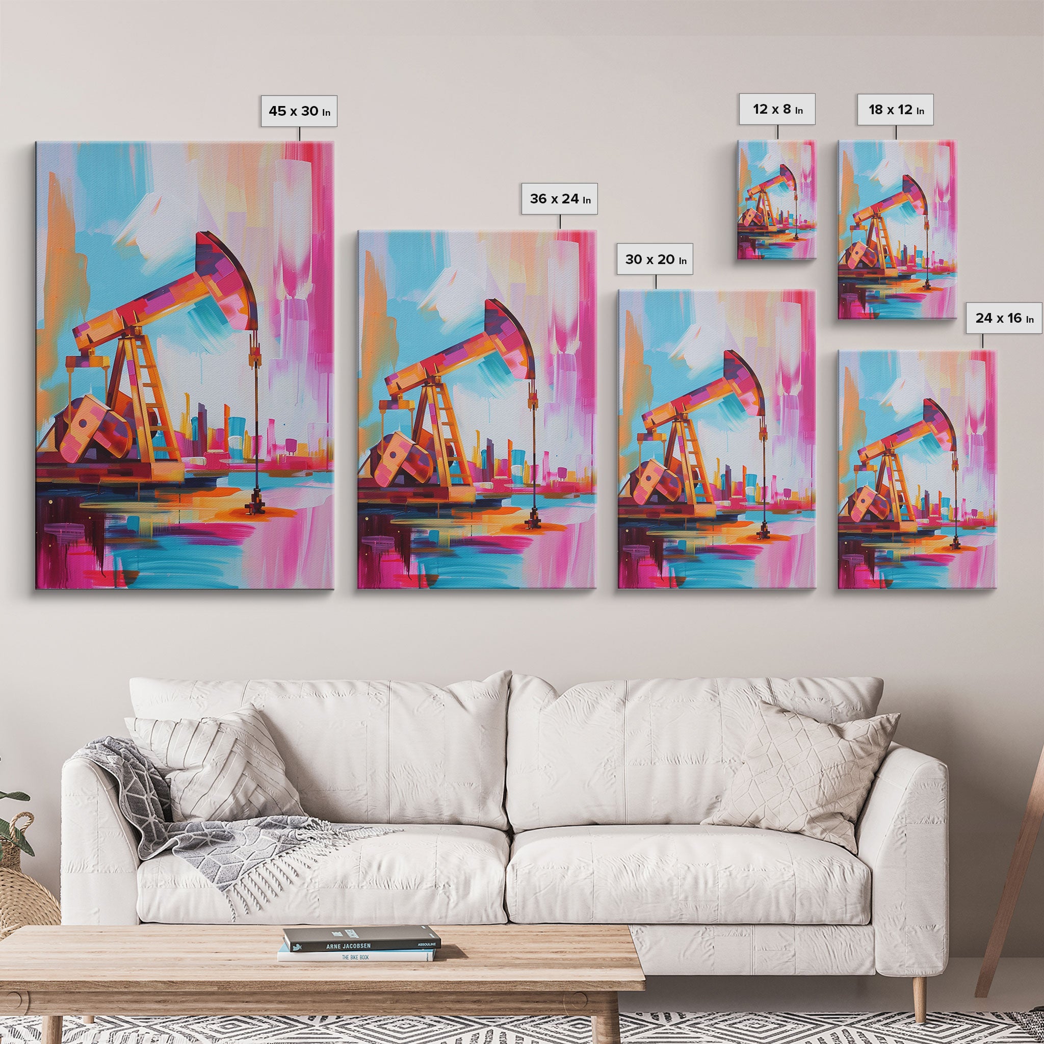 Colorful Oil Derrick Canvas Art - Framed Canvas Print, Contemporary Industrial Decor, Modern Oil Rig Wall Art, Bold Bedroom Decor