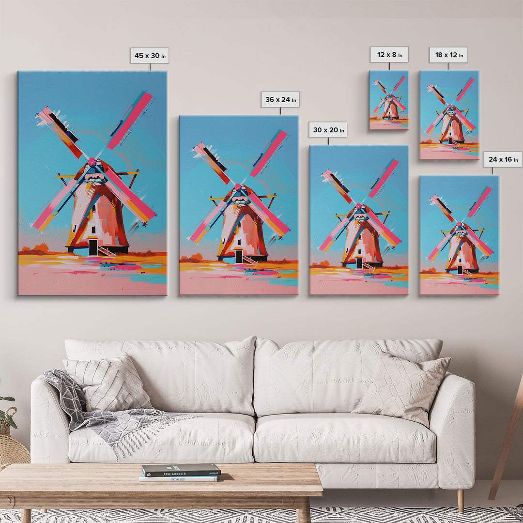 Playful Windmill Canvas Art - Framed Canvas Print, Modern Farmhouse Decor, Bright Windmill Wall Art, Vibrant Bedroom Artwork