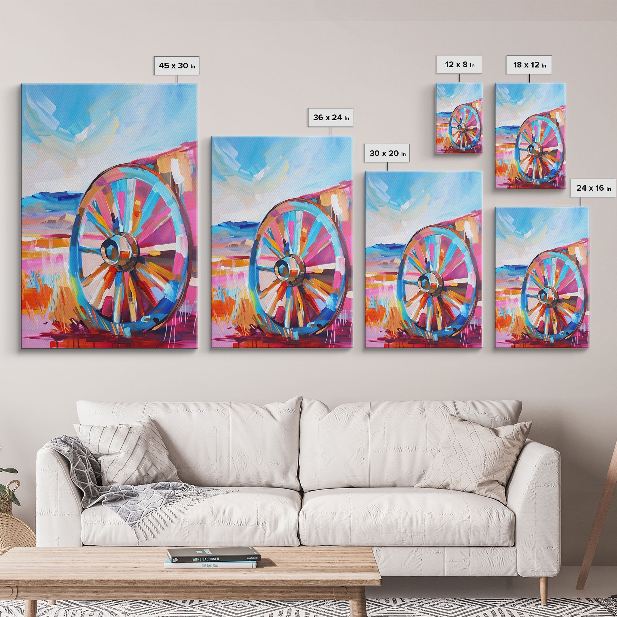 Rustic Wagon Wheel Art - Framed Canvas Print, Colorful Farmhouse Decor, Vibrant Wheel Wall Art, Unique Living Room Artwork