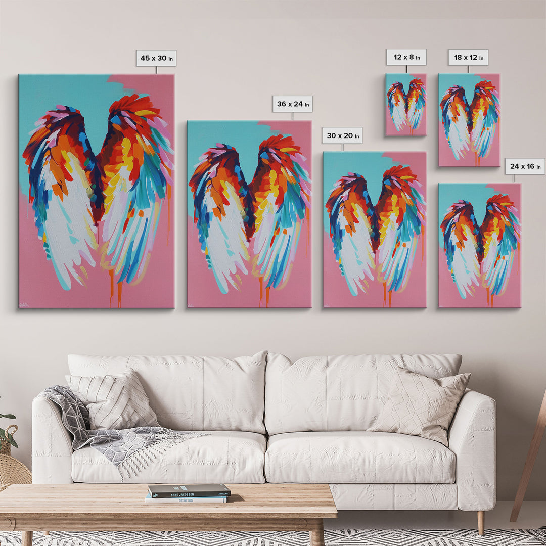 Angel Wings Abstract Art - Framed Canvas Print, Colorful Wing Decor, Modern Angel Wall Art, Whimsical Bedroom Decoration