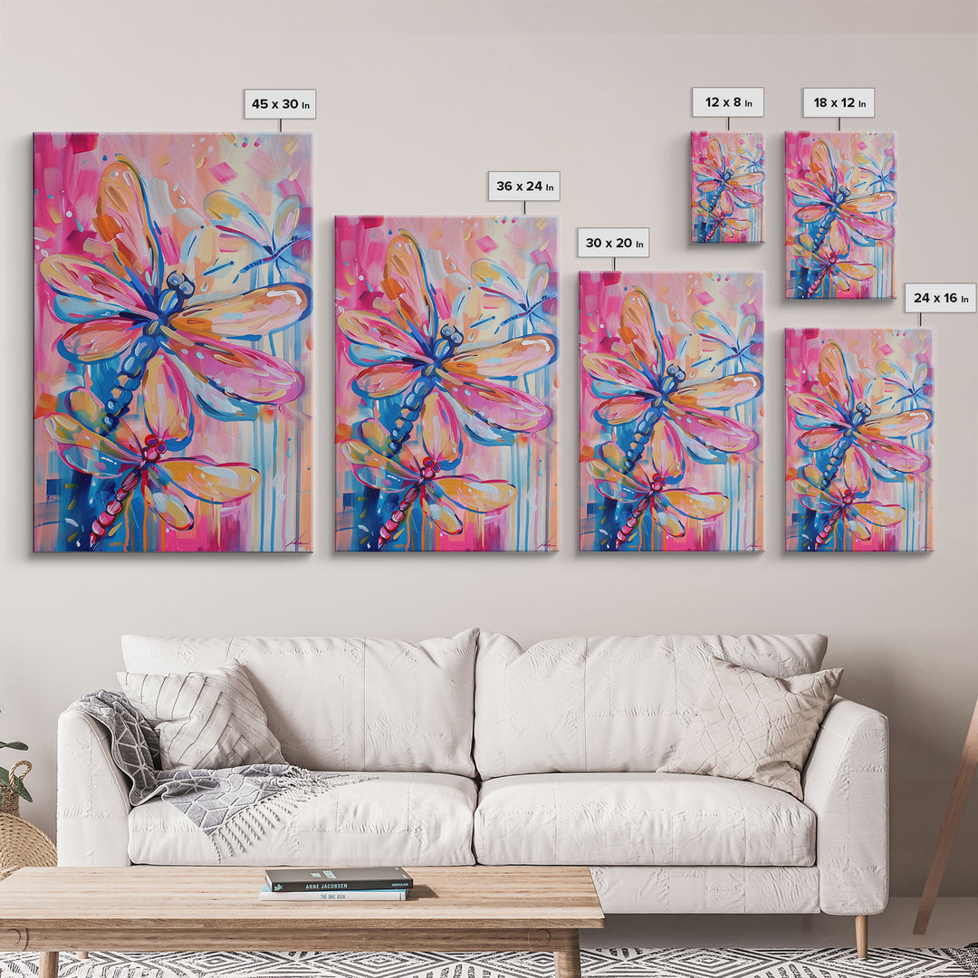 Trio of Colorful Dragonflies in Abstract Art - Framed Canvas Print, Nature-Inspired Wall Art, Vibrant Living Room Decor, Bedroom Art