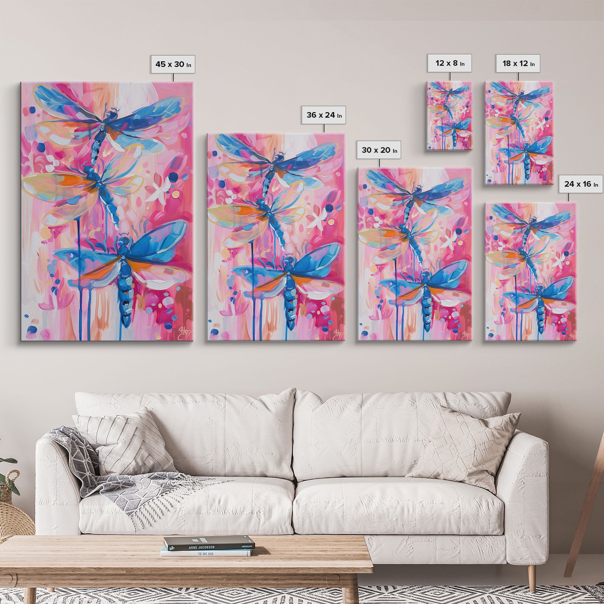 Abstract Dragonfly Trio in Vibrant Colors - Framed Canvas Print, Colorful Nature Art, Living Room Decor, Bedroom Wall Art