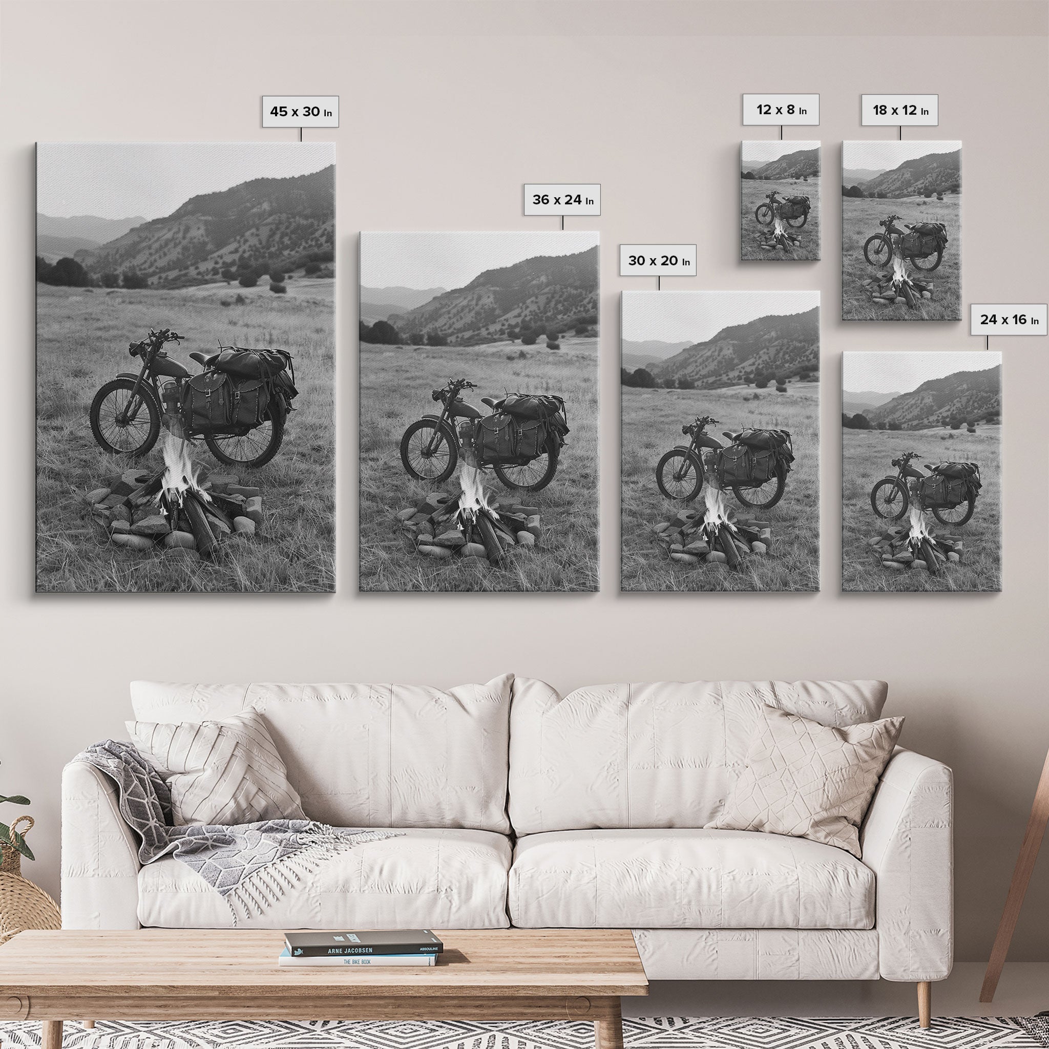 Vintage Motorcycle with Campfire in Black and White for Western Wall Art, Canvas Prints, Rustic Home Decor, Living Room Art, Bedroom Art