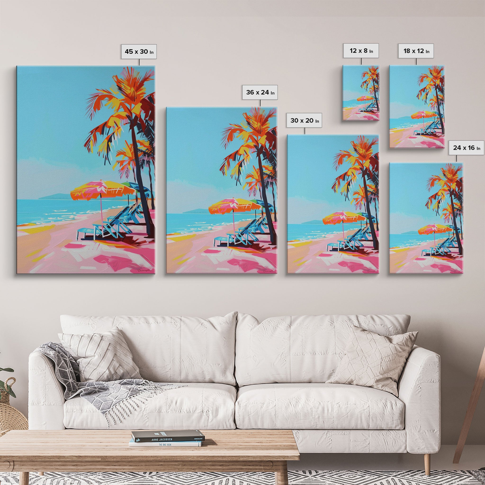 Palm Trees and Sun Loungers on Tropical Beach - Framed Canvas Print, Vacation Paradise Art, Beach Decor for Living Room