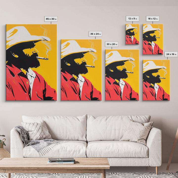 Silhouette of Bearded Man Smoking - Framed Canvas Print, Bold Pop Art, Modern Wall Art for Living Room or Man Cave