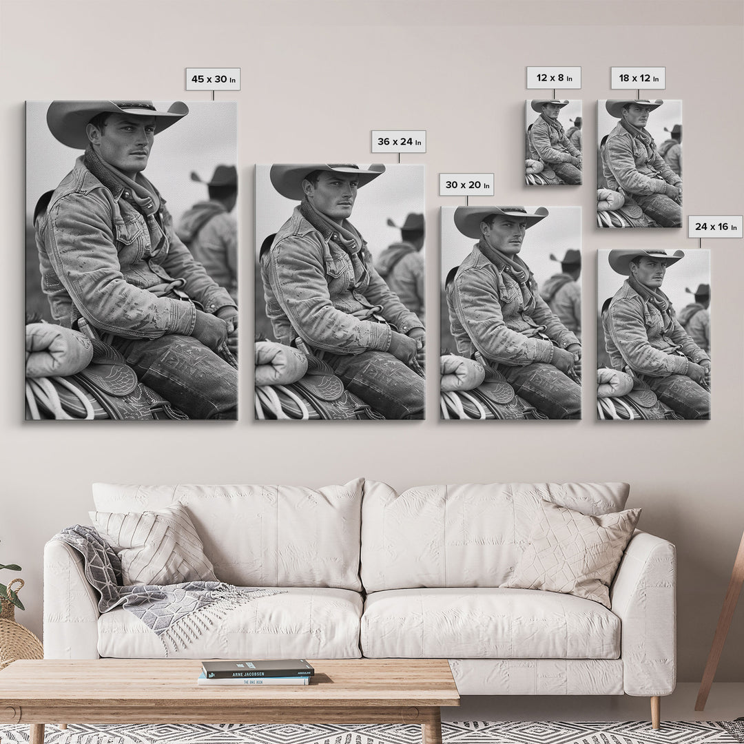 Rugged Cowboy in Weathered Denim Jacket, Black and White Photography for Western Wall Art, Canvas Prints, Home Decor, Living Room Art