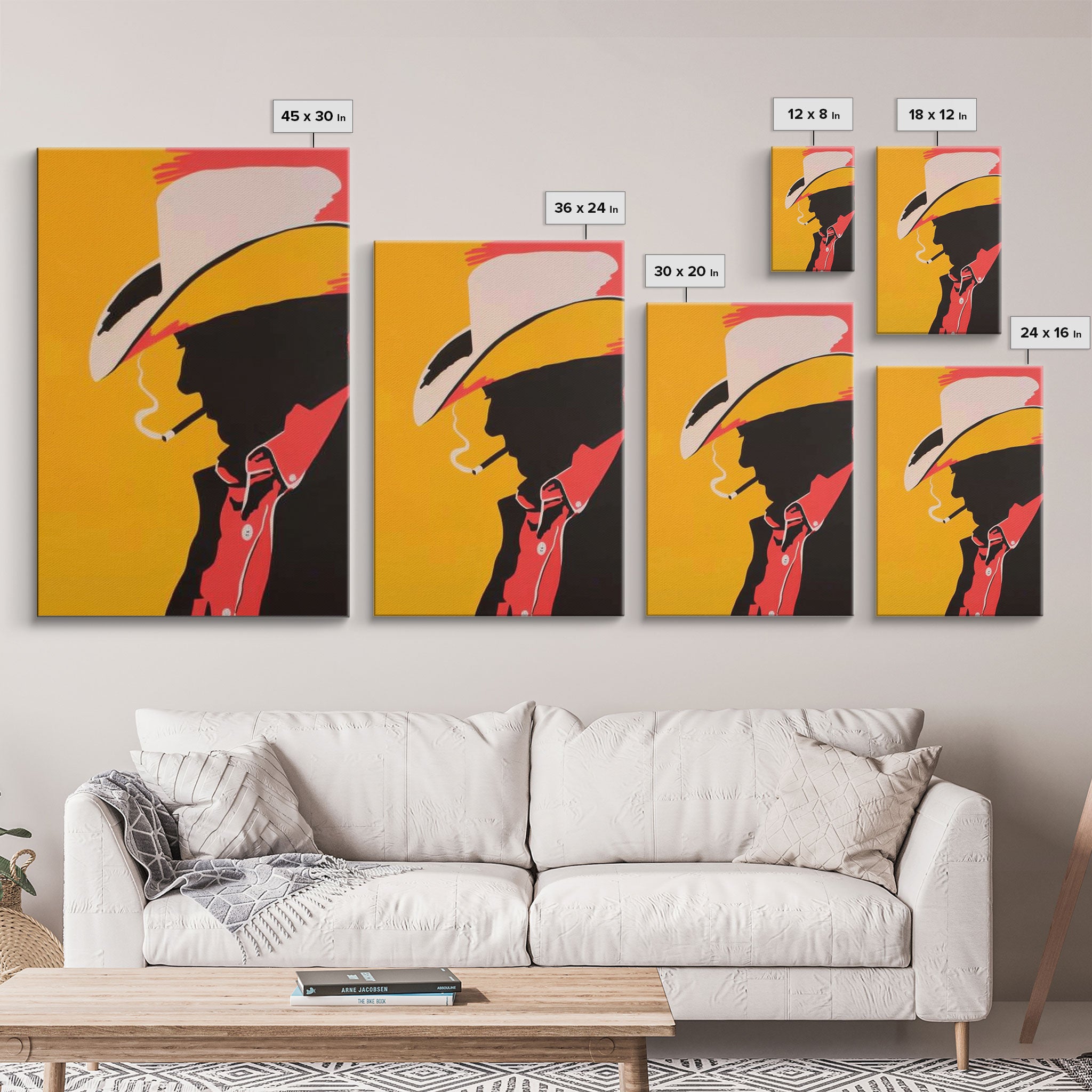 Cowboy Silhouette with Hat and Cigarette - Framed Canvas Print, Western Pop Art, Rustic Decor for Living Room or Office