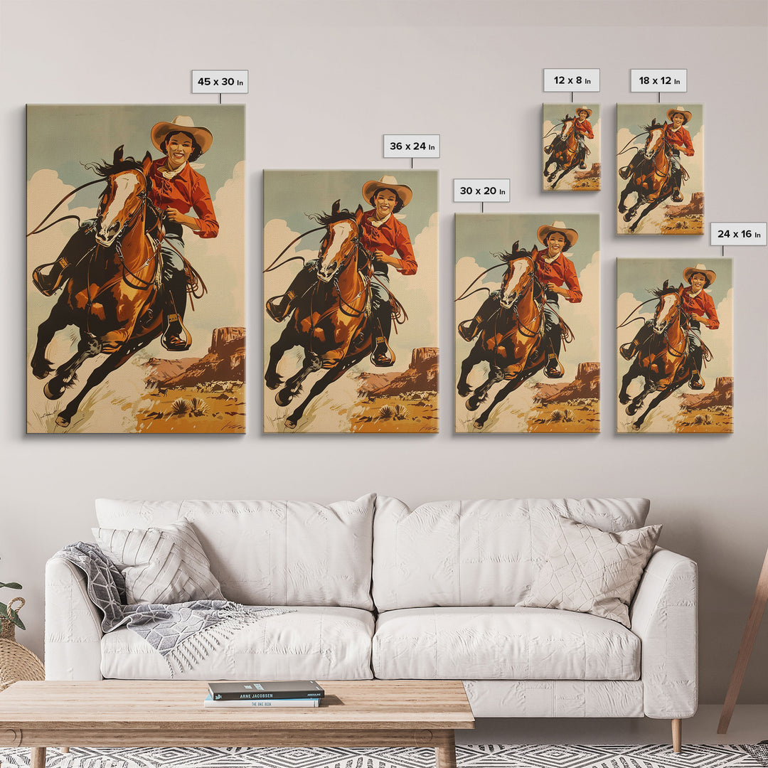 Vibrant Cowgirl Riding a Horse in Western Landscape | Framed Canvas Print | Western Wall Art | Living Room Decor | Rustic Home Decor