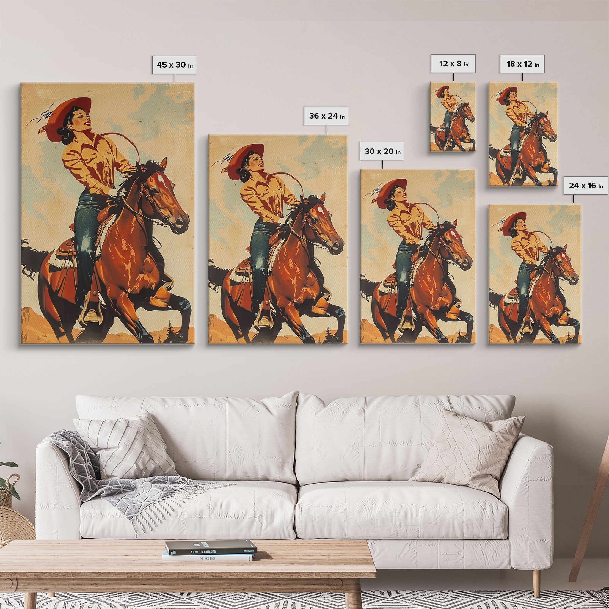 Dynamic Cowgirl on Horseback in Action | Framed Canvas Print | Western Wall Art | Living Room Decor | Rustic Home Decor