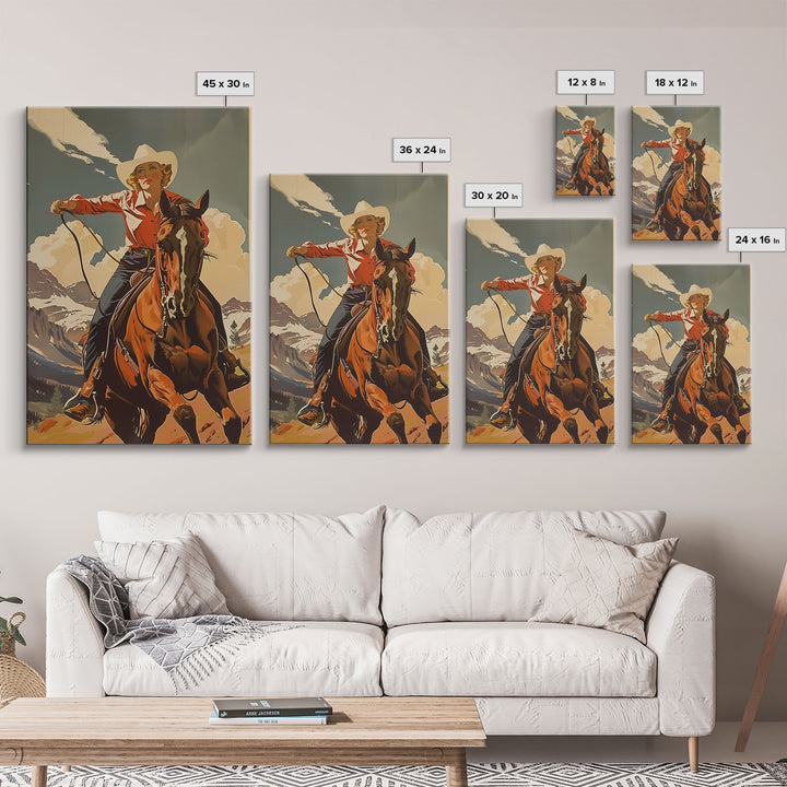 Brave Cowgirl in Mountains with Horse | Framed Canvas Print | Western Wall Art | Living Room Decor | Rustic Home Decor